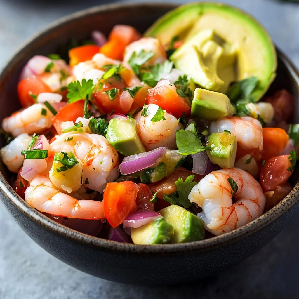 Bowl of easy shrimp ceviche with fresh vegetables and lime.