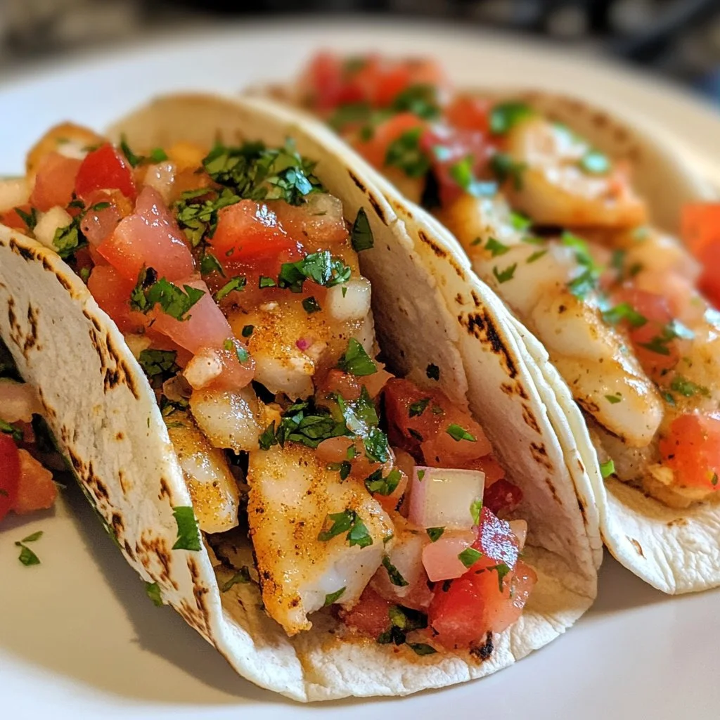 Delicious fish tacos topped with fresh ingredients and served on a plate.