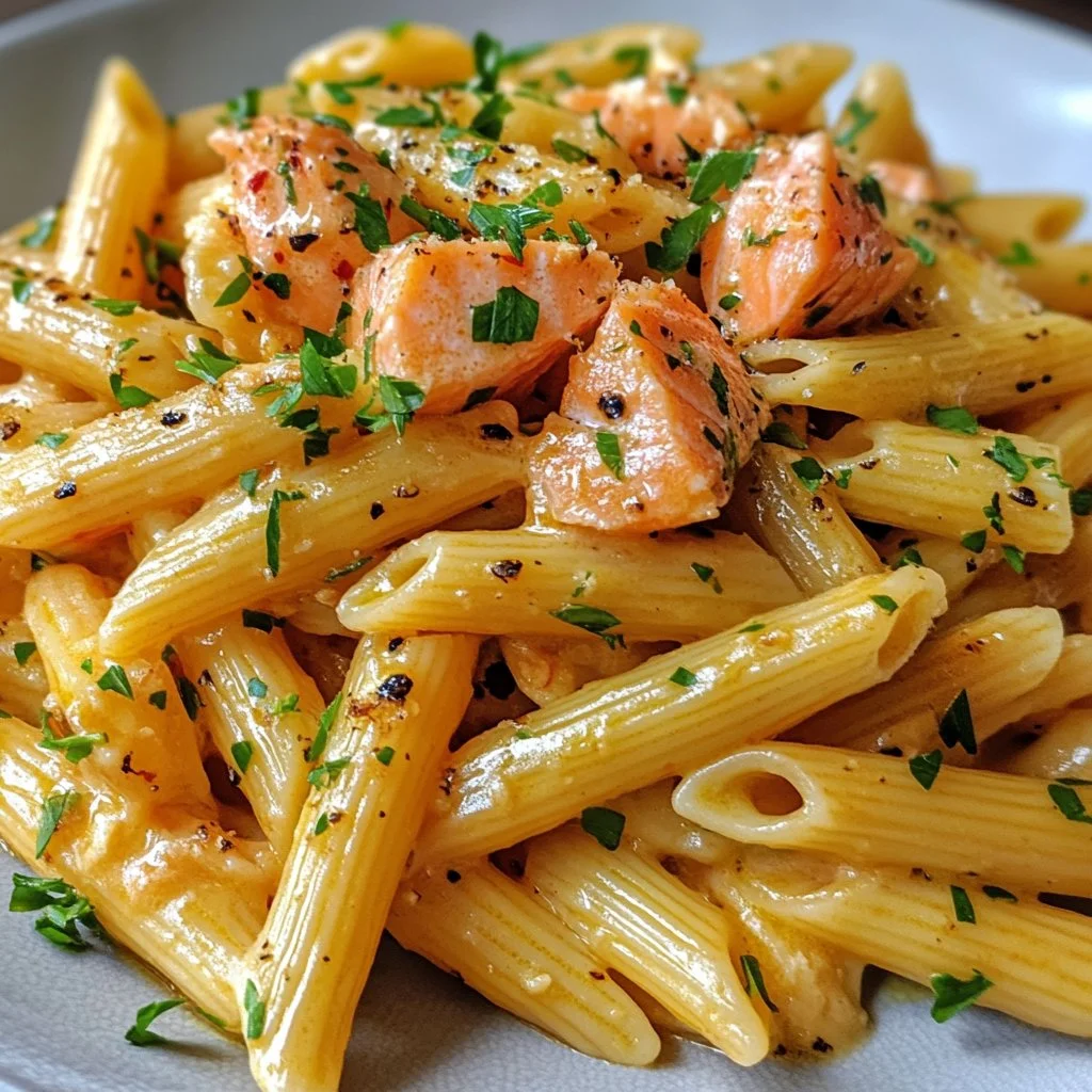 Delicious Garlic Butter Salmon Pasta served in a bowl