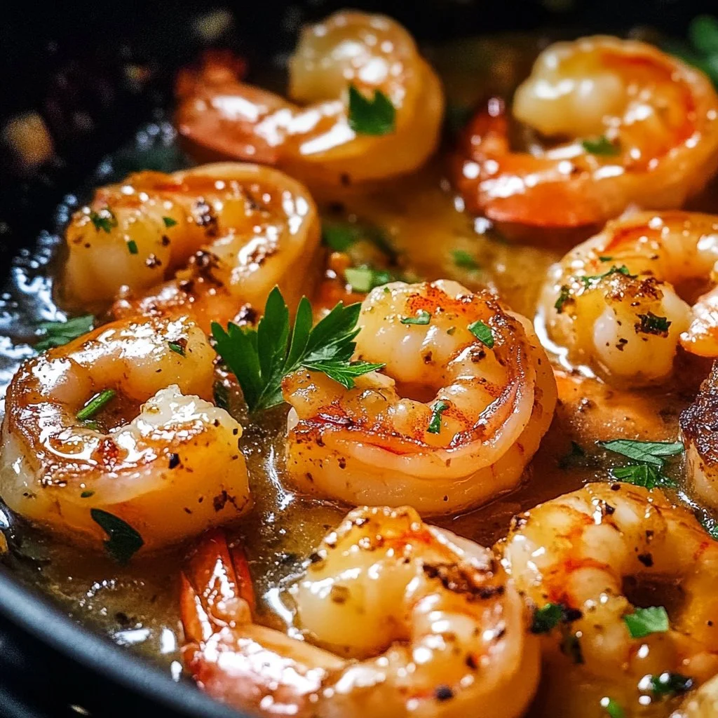 Delicious Garlic Butter Shrimp served with herbs and lemon