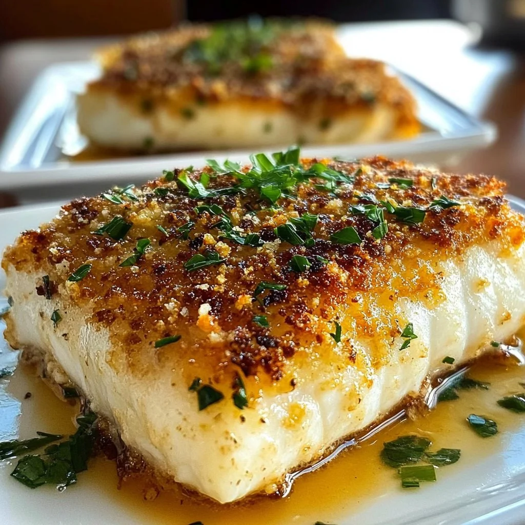 Garlic Parmesan Crusted Halibut served with fresh herbs and lemon wedges.