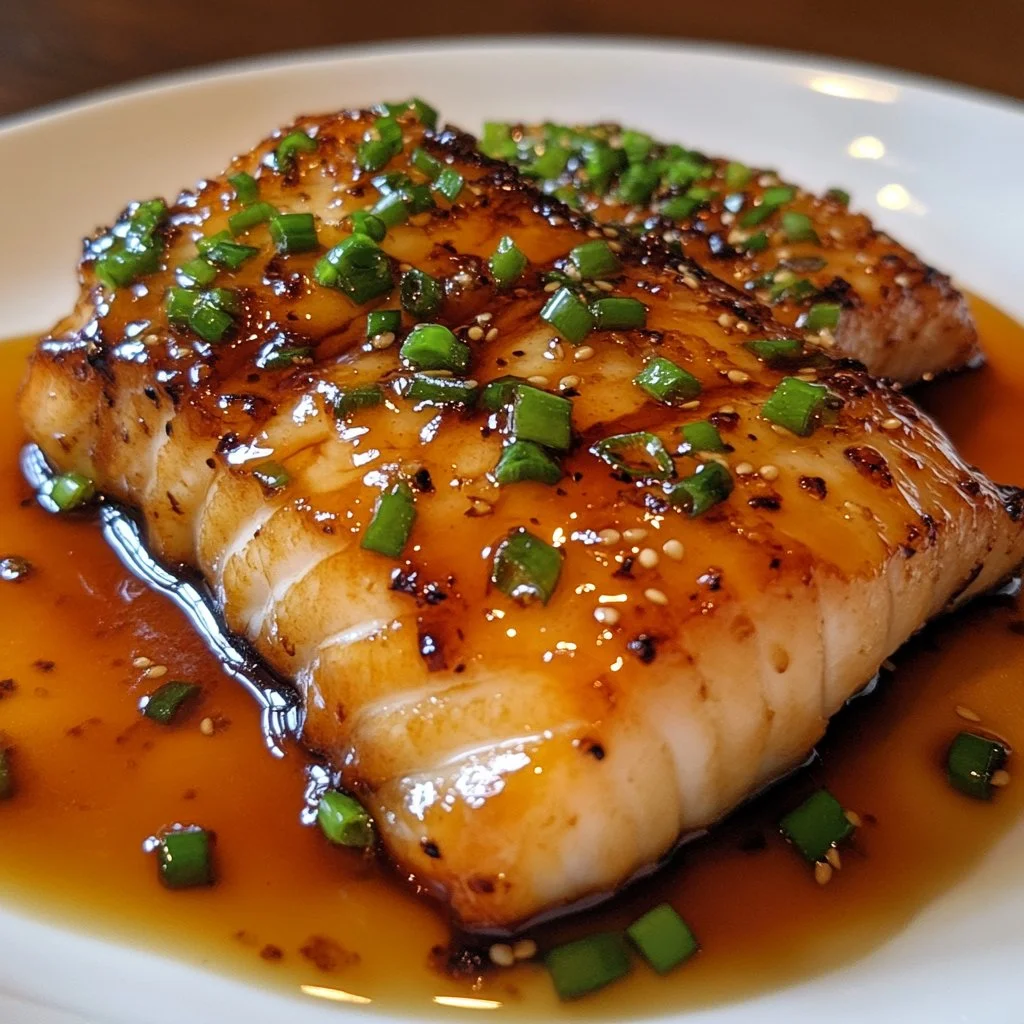 Delicious ginger soy glazed cod served with vegetables and rice.