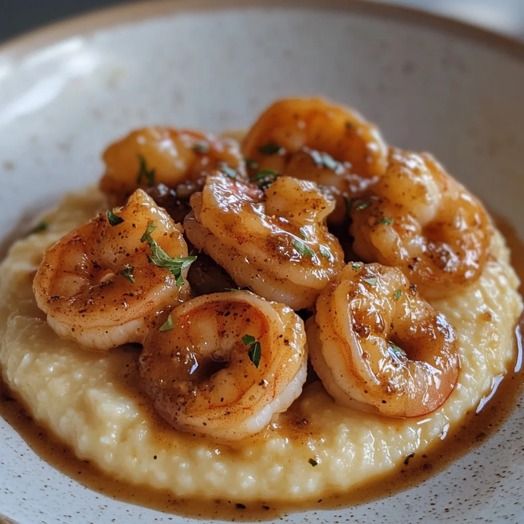 Plate of Gouda grits with smoky brown butter shrimp garnished with herbs