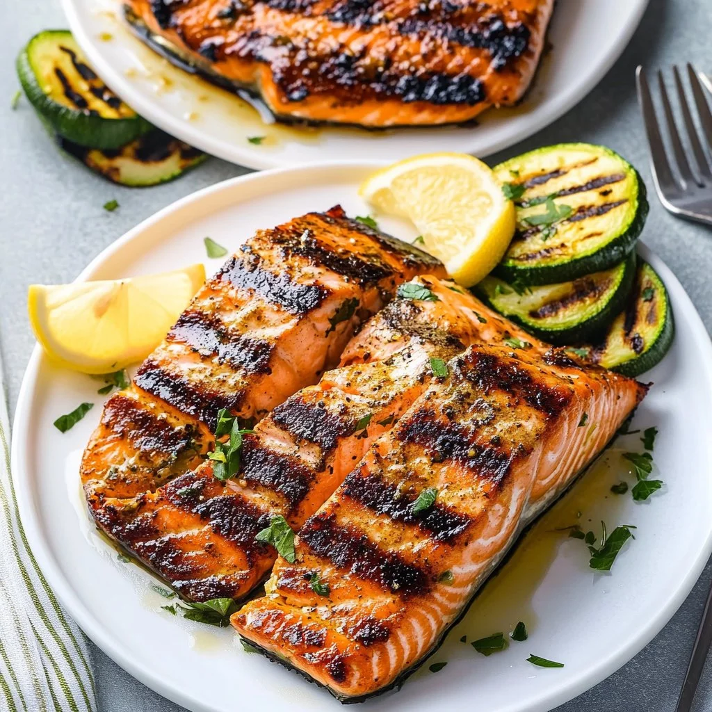 Perfectly grilled salmon fillet on a plate with herbs and lemon