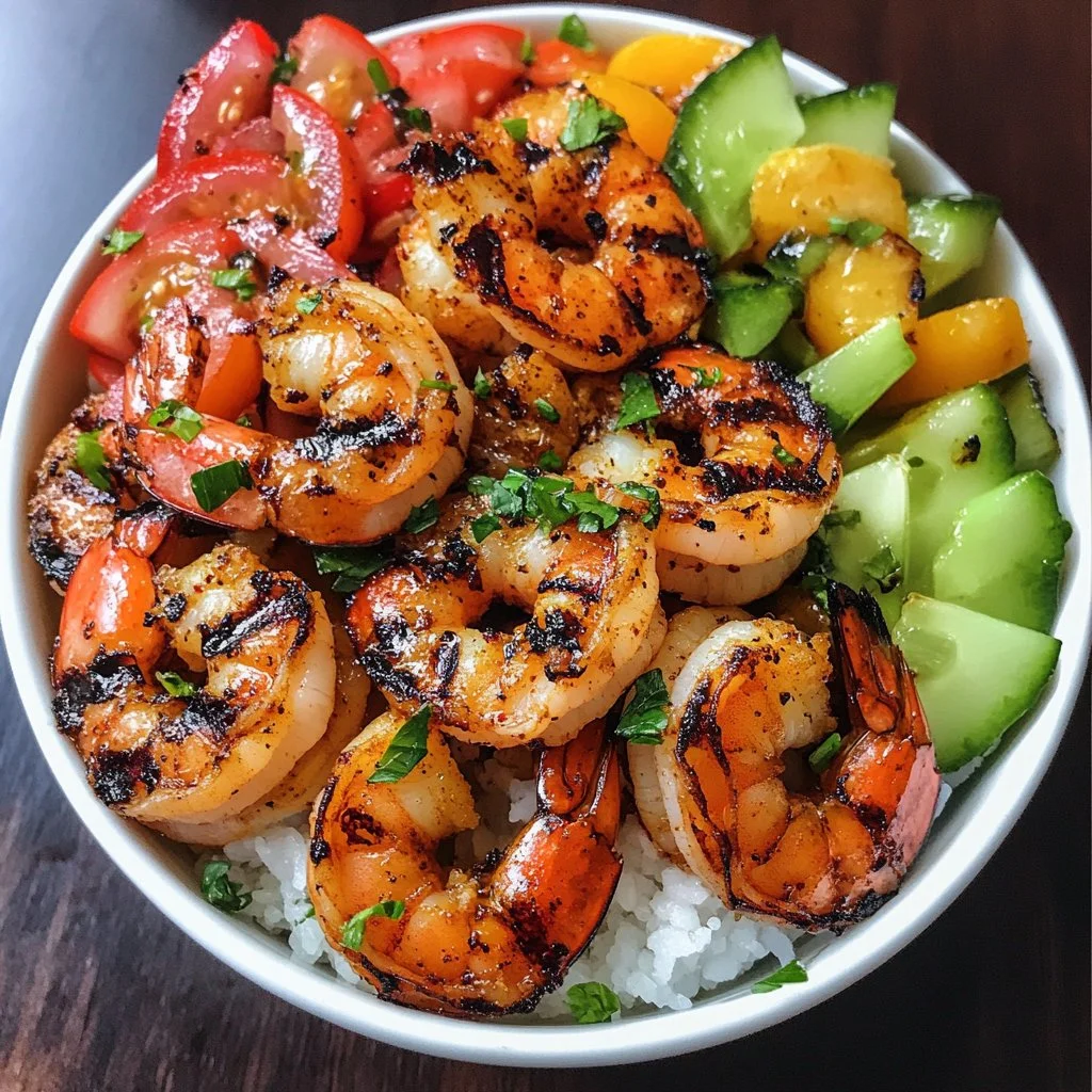 Delicious grilled shrimp bowl garnished with fresh vegetables and herbs.