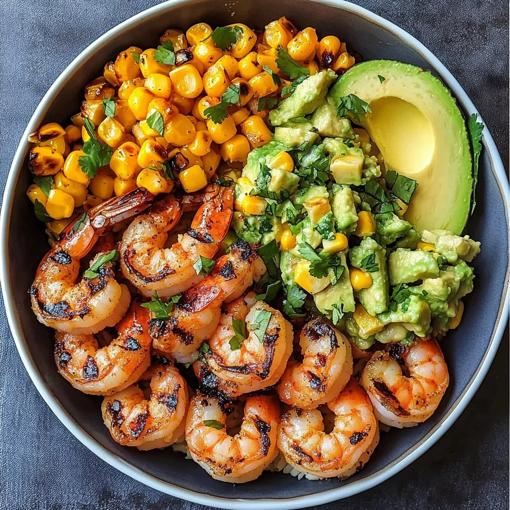 Grilled shrimp bowl with avocado corn salsa and fresh ingredients