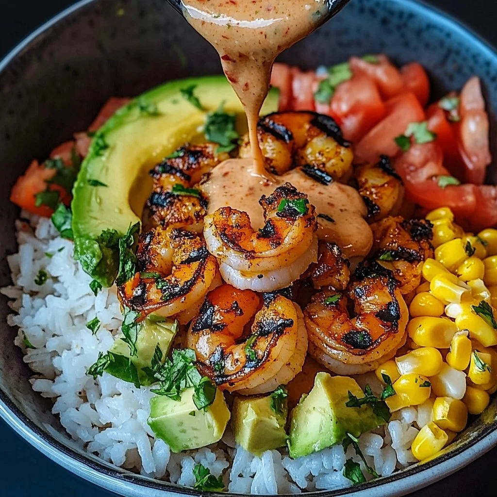 Grilled shrimp bowl with avocado and corn salsa served in a vibrant bowl