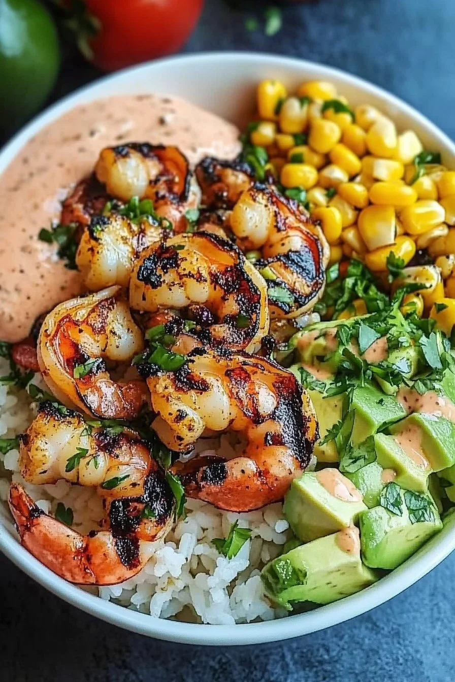 Grilled Shrimp Bowl with Avocado, Corn Salsa