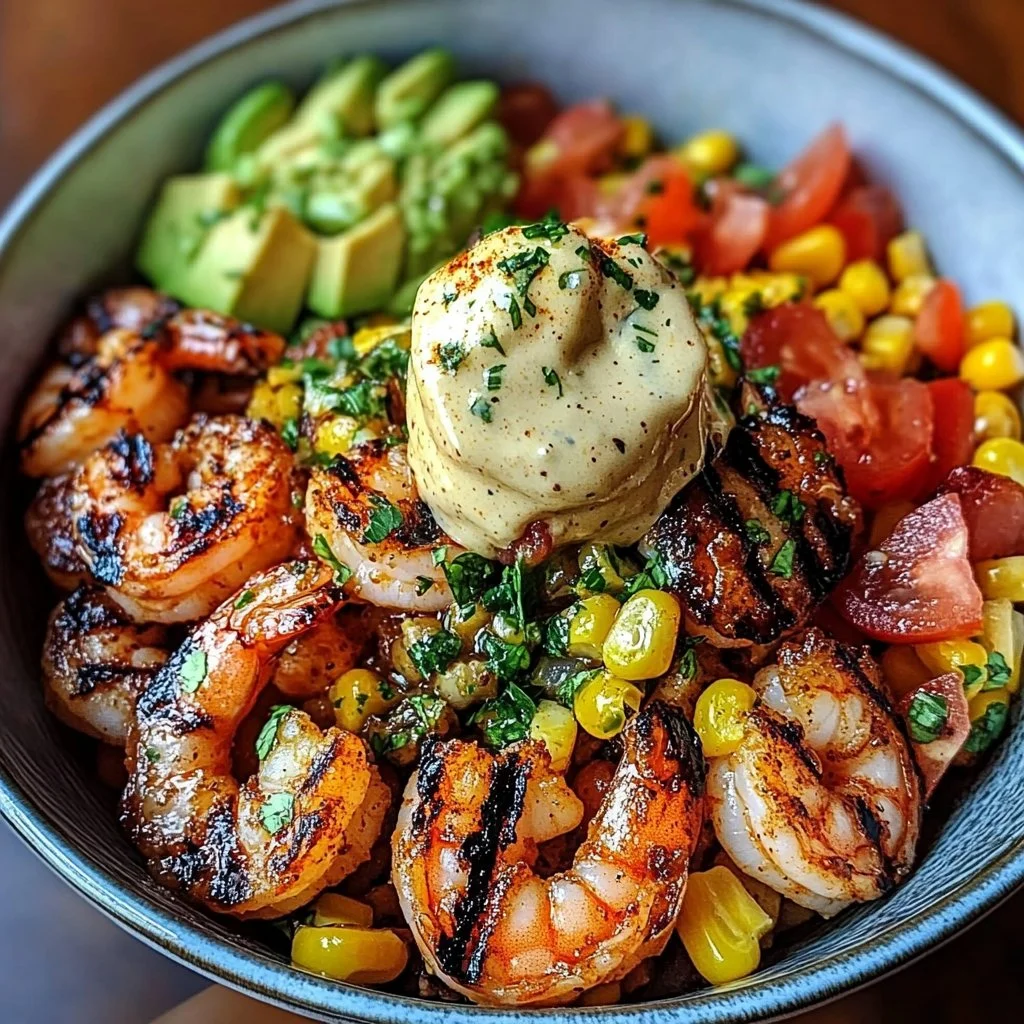 Delicious grilled shrimp bowl topped with avocado and corn salsa in creamy garlic sauce.