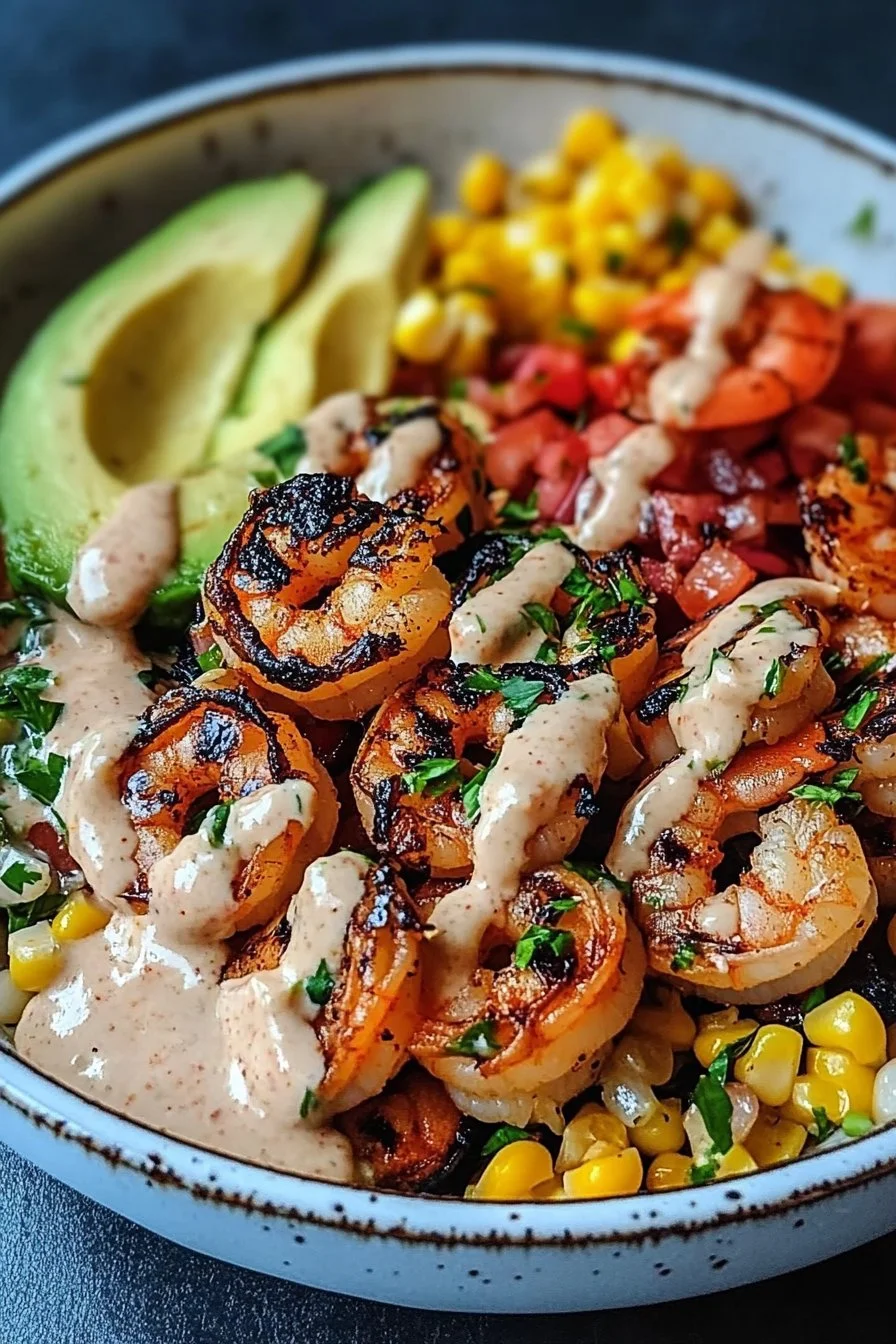 Grilled Shrimp Bowl with Avocado, Corn Salsa & Creamy Garlic Sauce