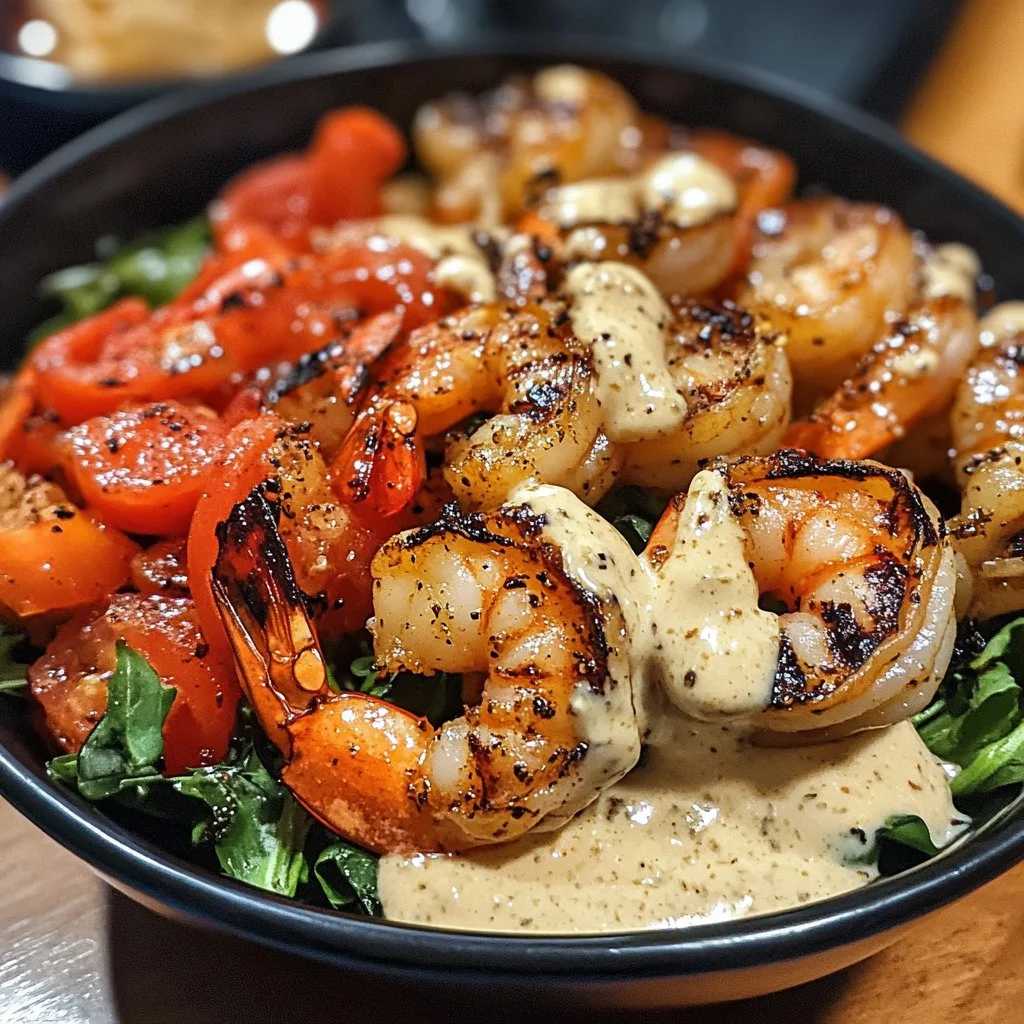 Delicious grilled shrimp bowl with creamy garlic sauce and fresh vegetables