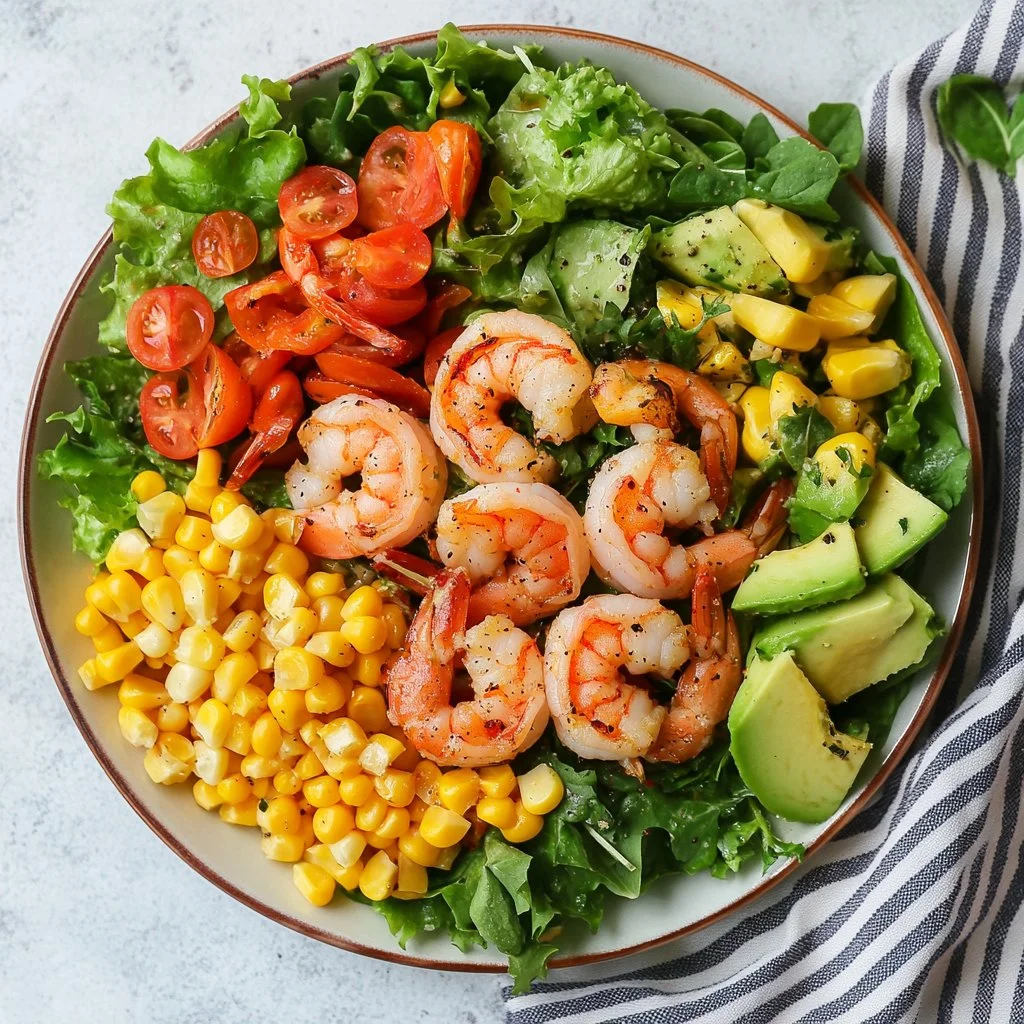 Grilled shrimp summer salad with vibrant vegetables and a tangy dressing