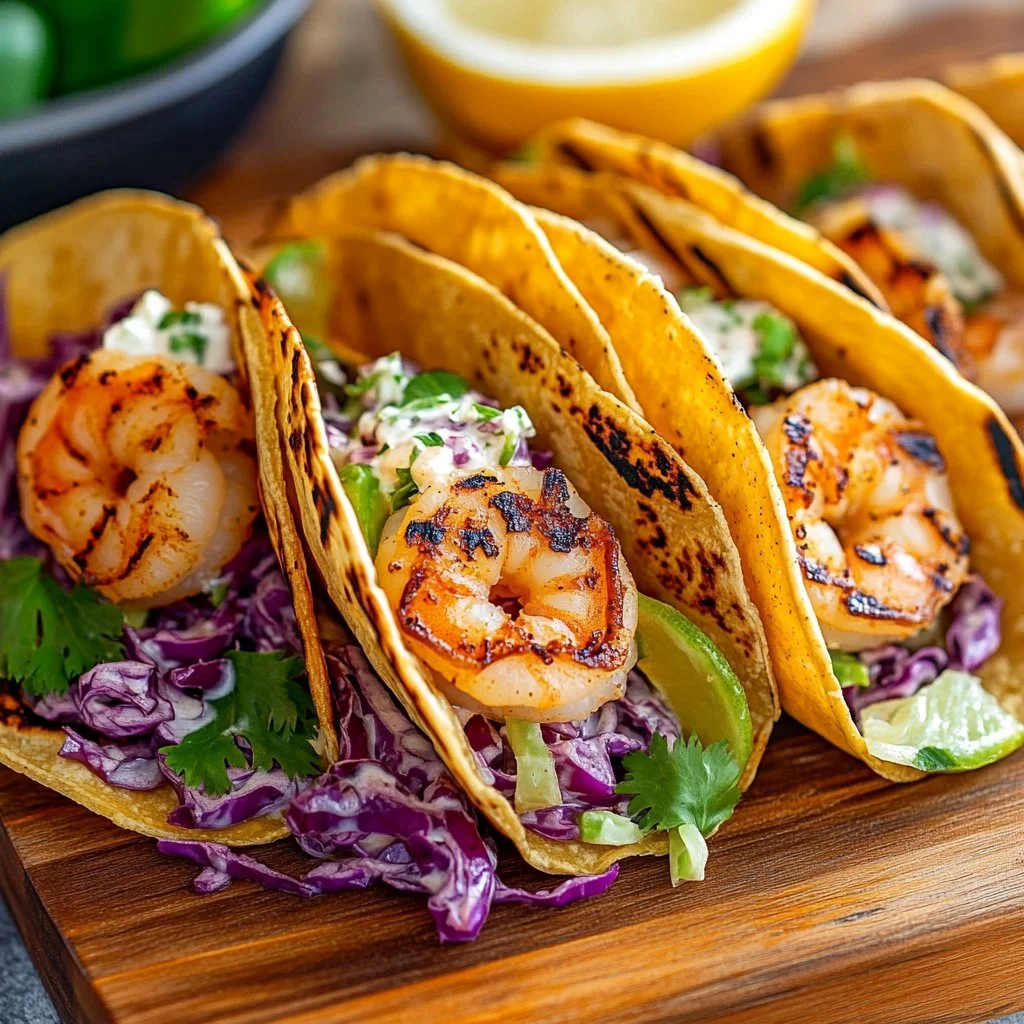 Delicious grilled shrimp tacos loaded with fresh toppings