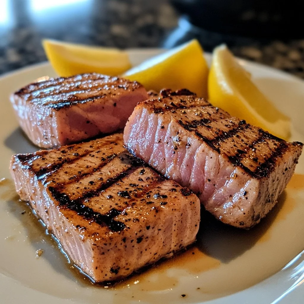 Grilled tuna steak served on a plate with garnishes