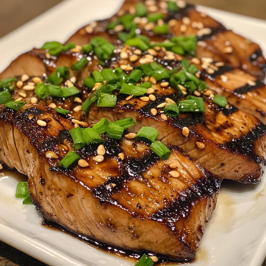 Grilled tuna steaks teriyaki served on a plate with garnish