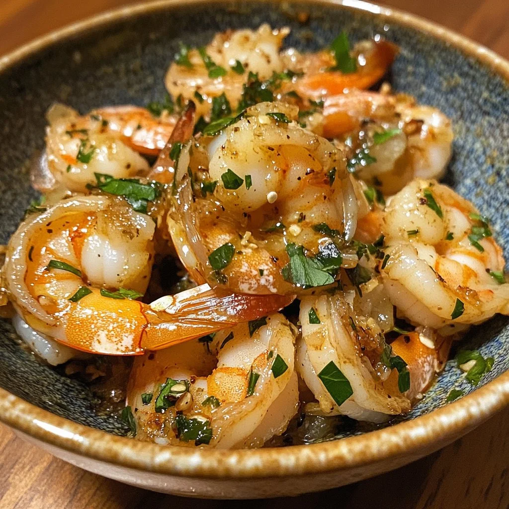 Hawaiian garlic shrimp served on a plate with rice and garnish