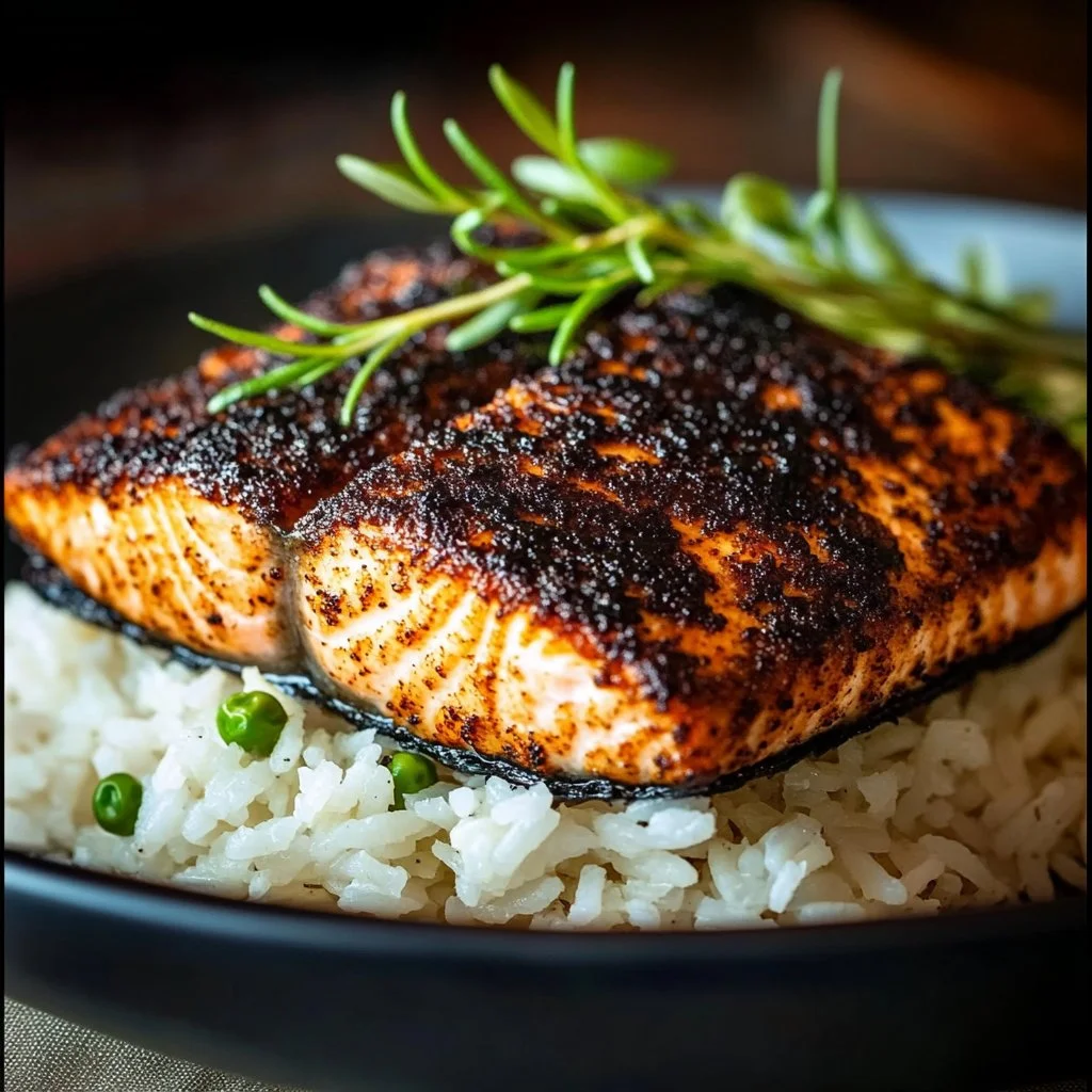 Plated healthy blackened salmon with seasoning and herbs
