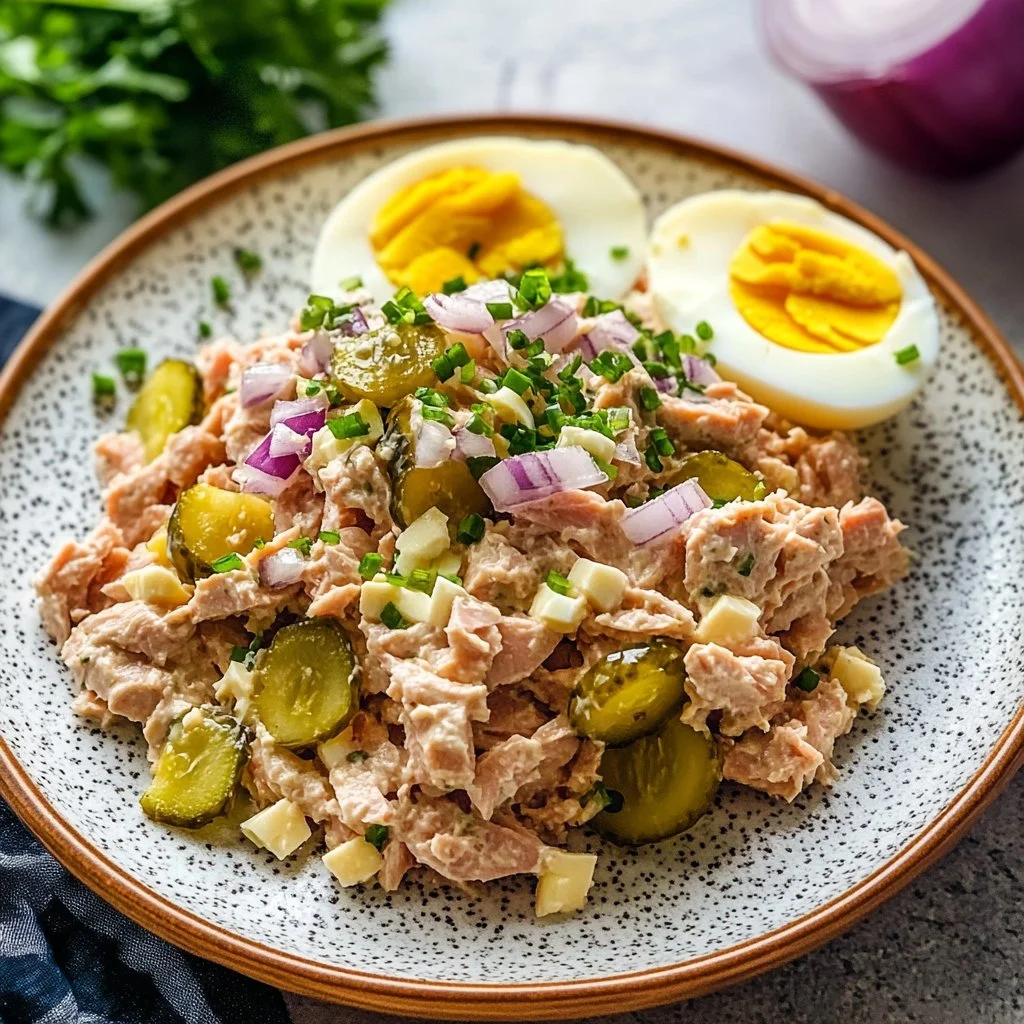Healthy tuna egg salad in a bowl with fresh ingredients