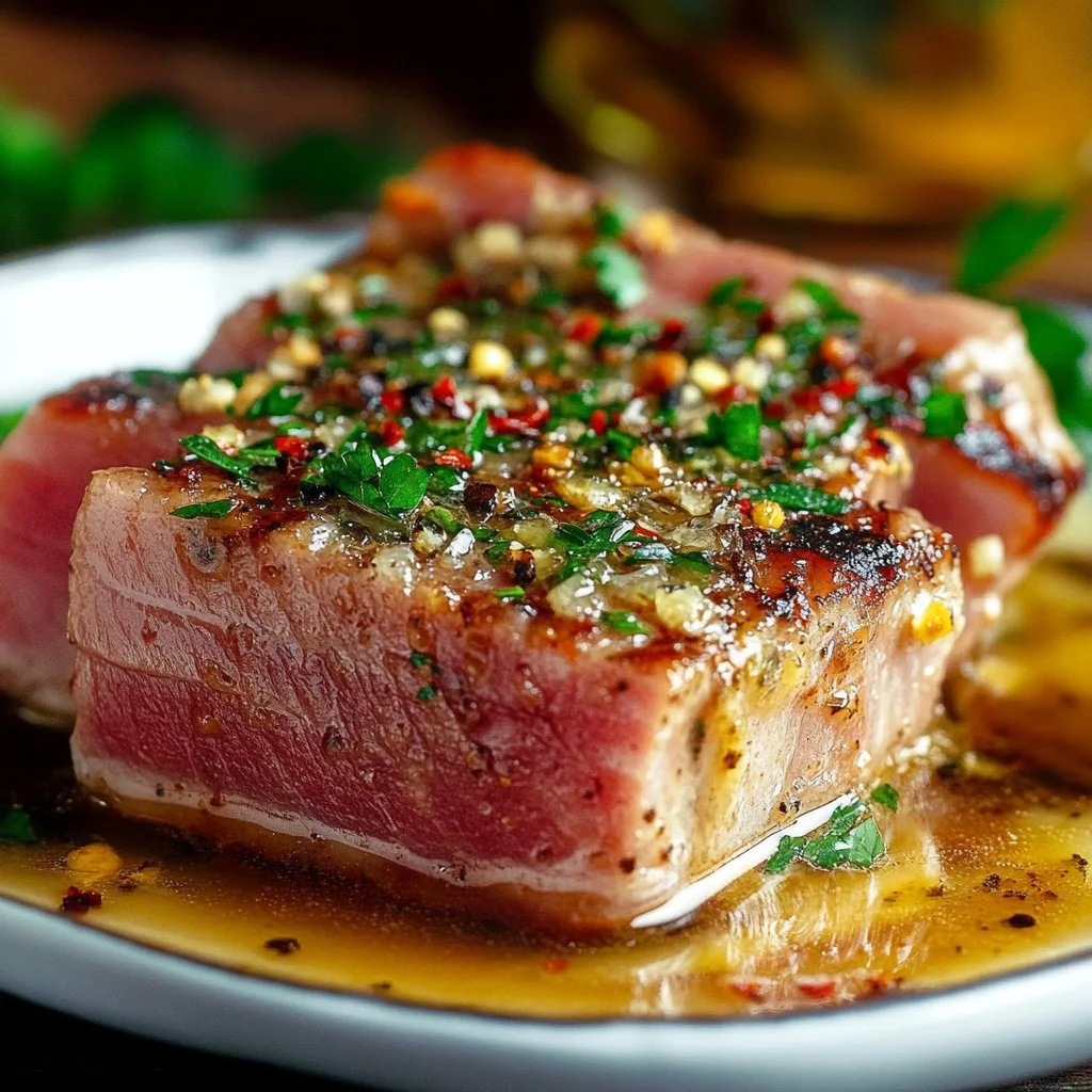 Delicious Garlic Butter Ahi Tuna fillet garnished with herbs.