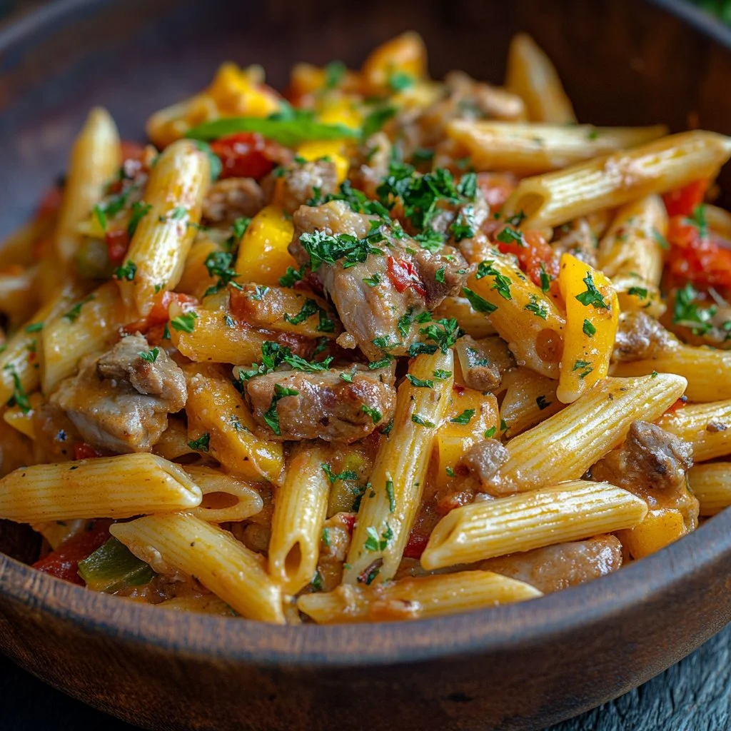 A colorful plate of Jamaican Rasta Pasta with fresh vegetables and spices.