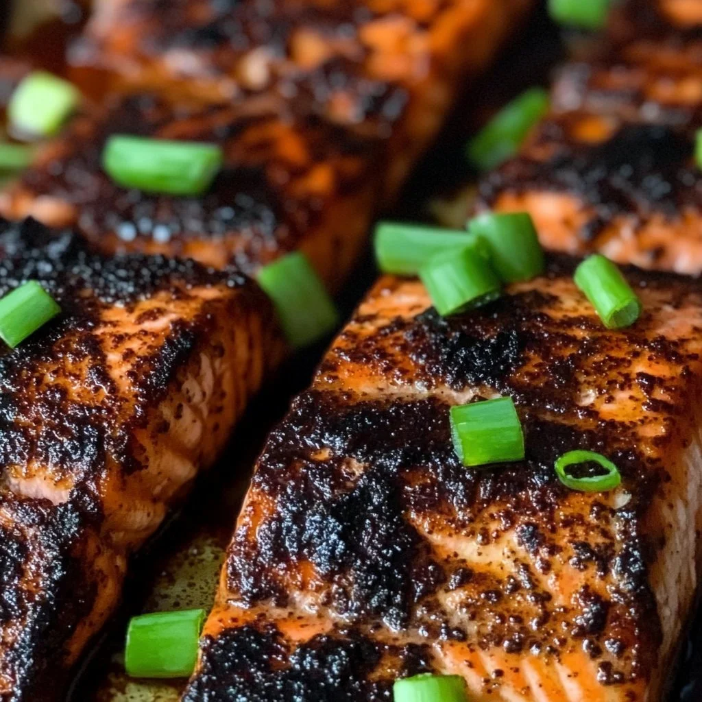 Jerk blackened salmon fillet served with vibrant vegetables