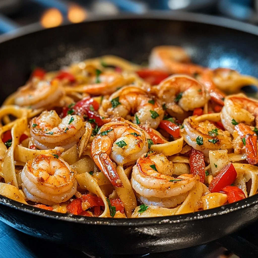 Plate of jerk shrimp fettuccine garnished with fresh herbs