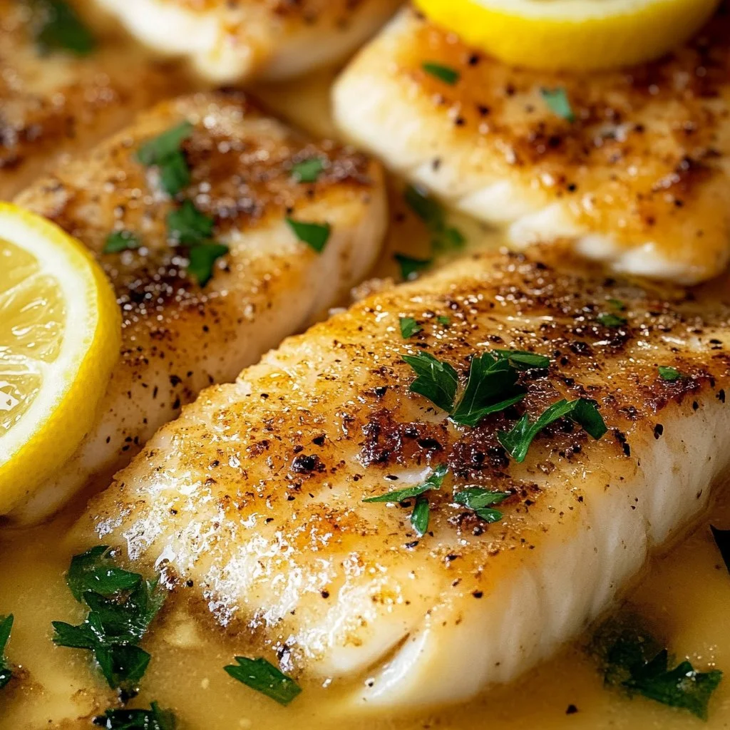 Lemon Butter Fish Fillet garnished with lemon slices and herbs