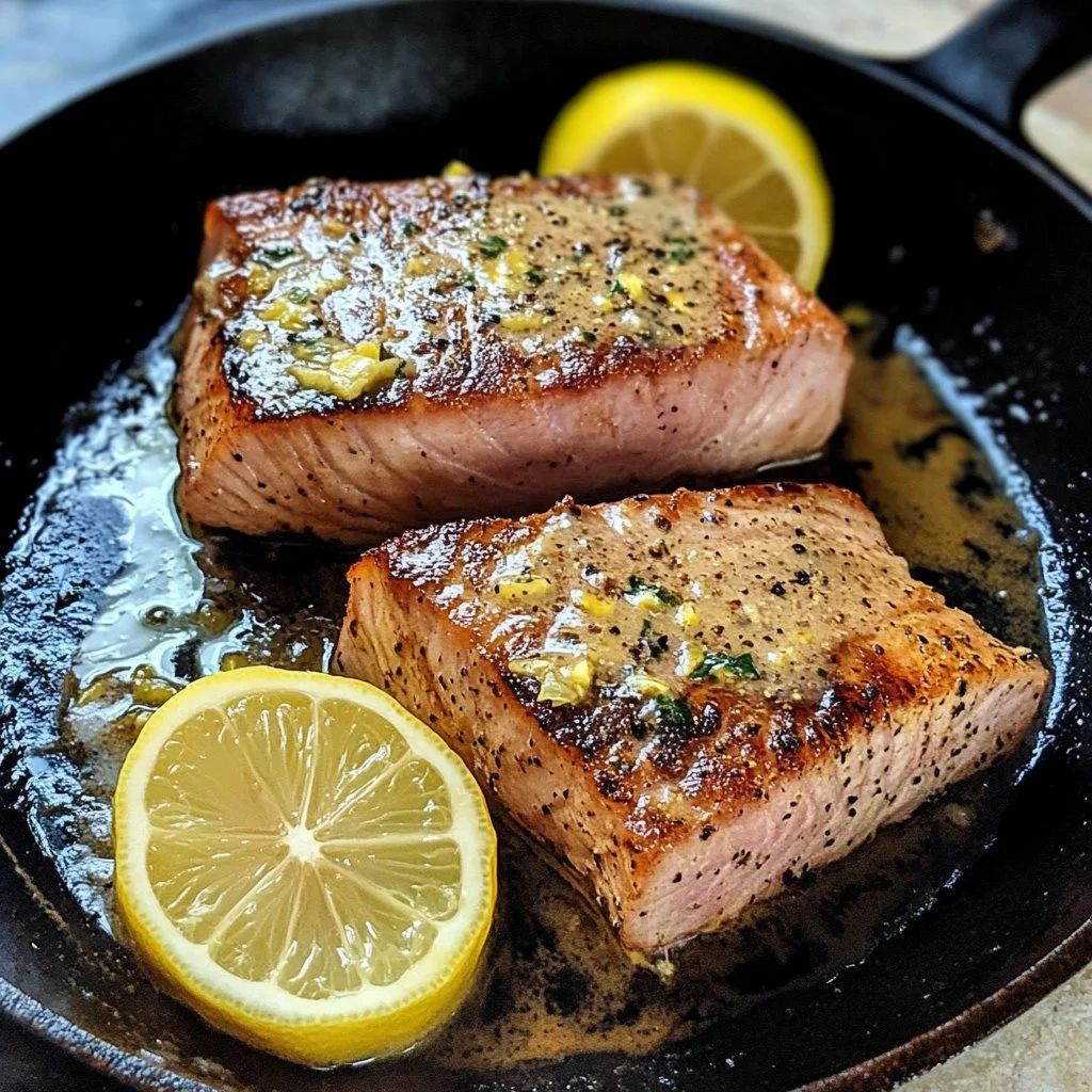 Bowl of Lemon Dijon Cream Sauce served with grilled tuna steaks.