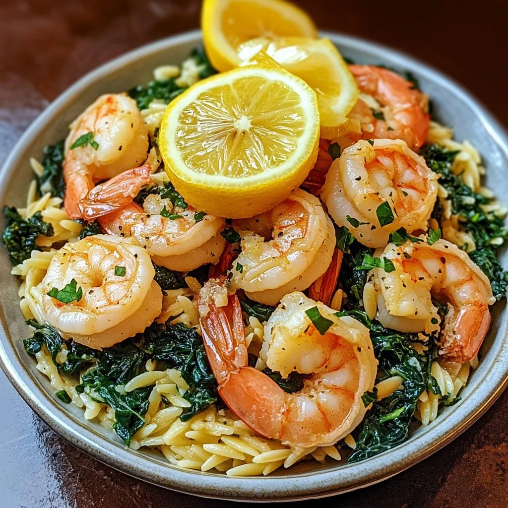 Lemon garlic shrimp served with spinach orzo in a vibrant dish