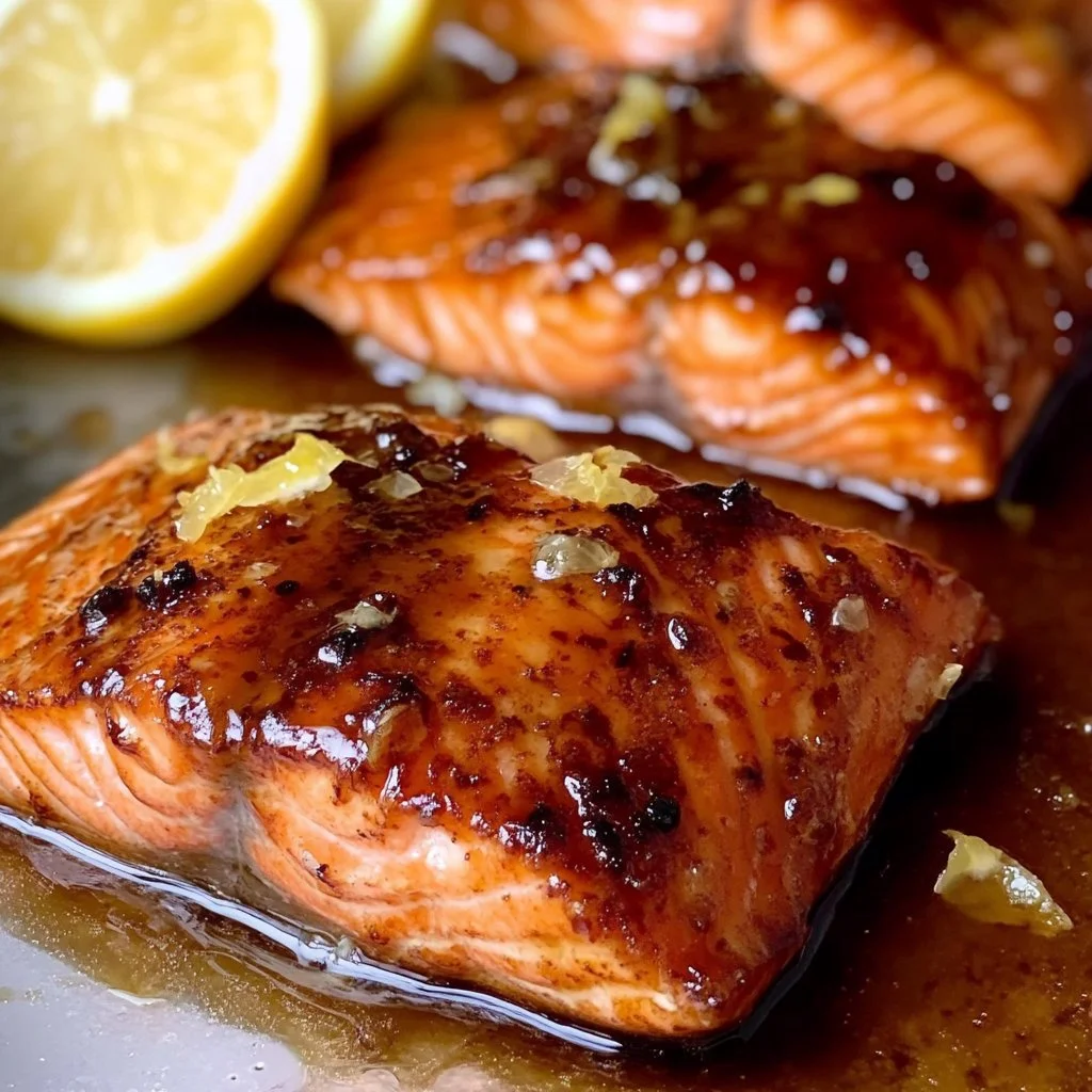 Lemon Honey Glazed Salmon garnished with lemon slices and fresh herbs