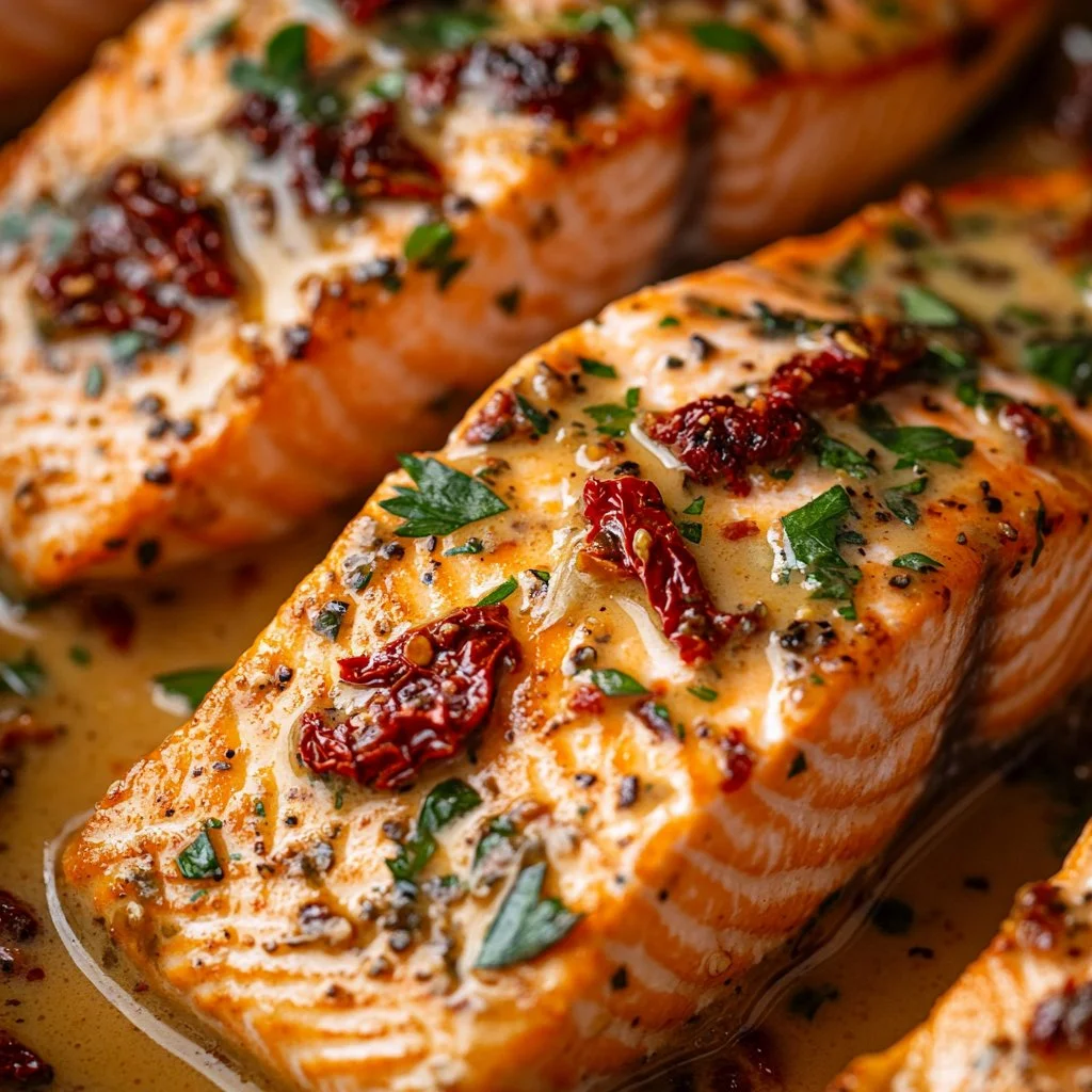 Delicious Marry Me Salmon recipe on a plate garnished with herbs