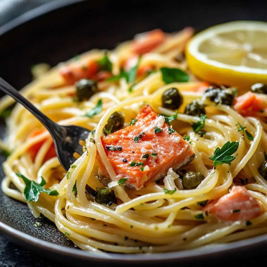 Mary Berry's smoked salmon pasta with lemon and capers served on top of angel hair.