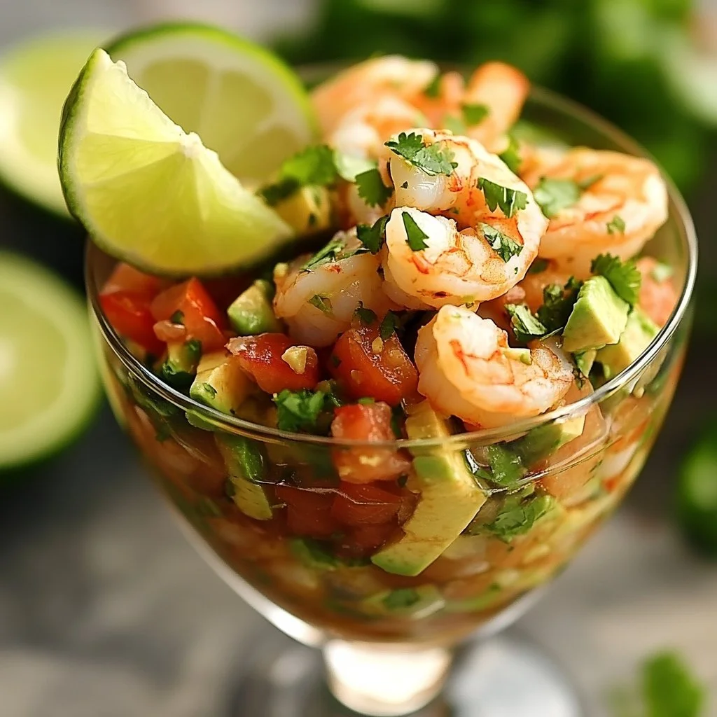 Delicious Mexican shrimp cocktail with avocado and lime served in a glass