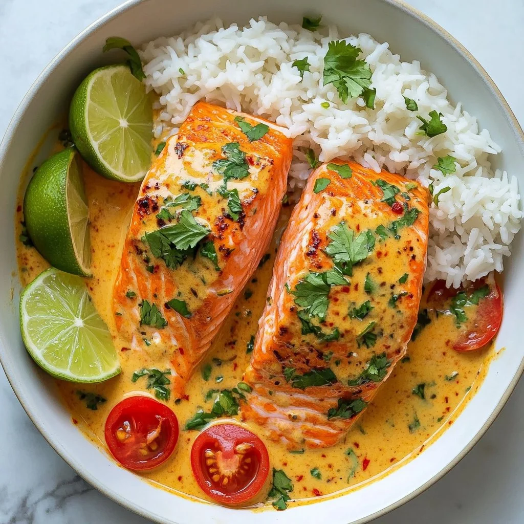 One-Pan Coconut Curry Salmon recipe with garlic butter and vibrant sauces