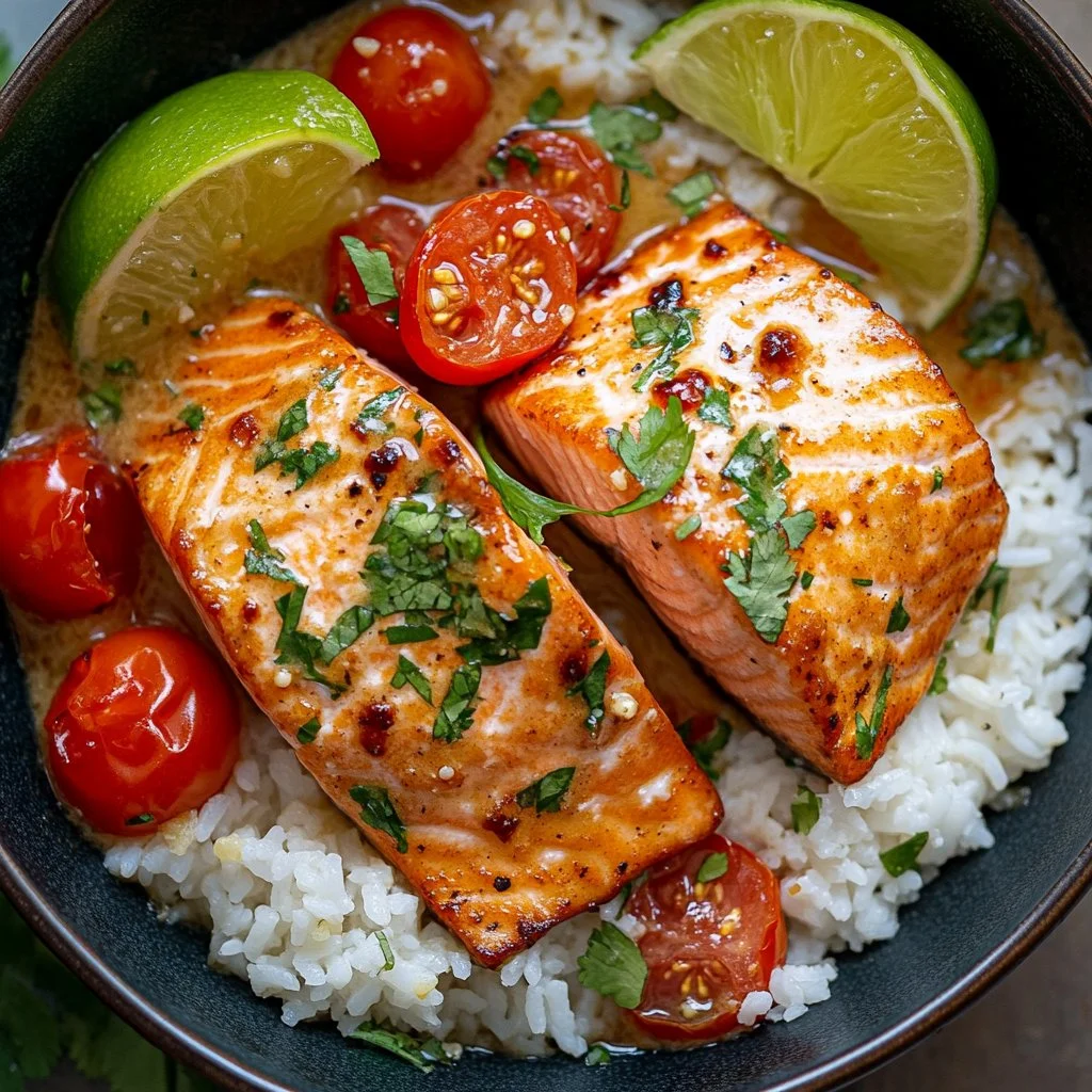 One-Pan Coconut Curry Salmon with Garlic Butter served in a skillet