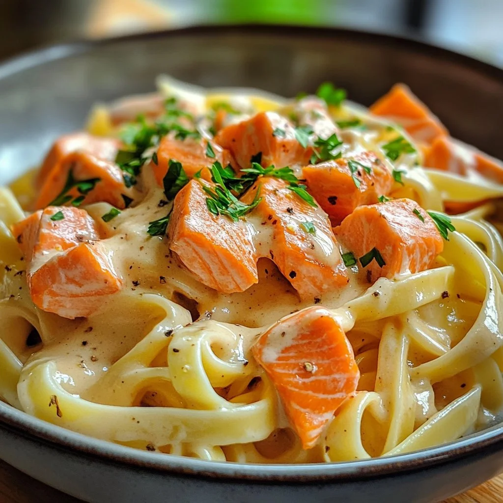 One Pot Creamy Salmon Pasta served in a bowl with fresh herbs