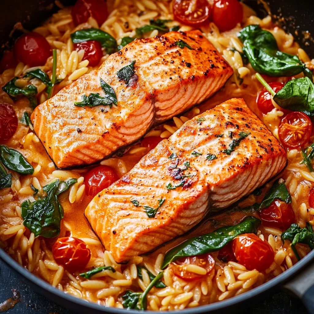 A bowl of creamy tomato orzo topped with salmon fillet and fresh herbs.