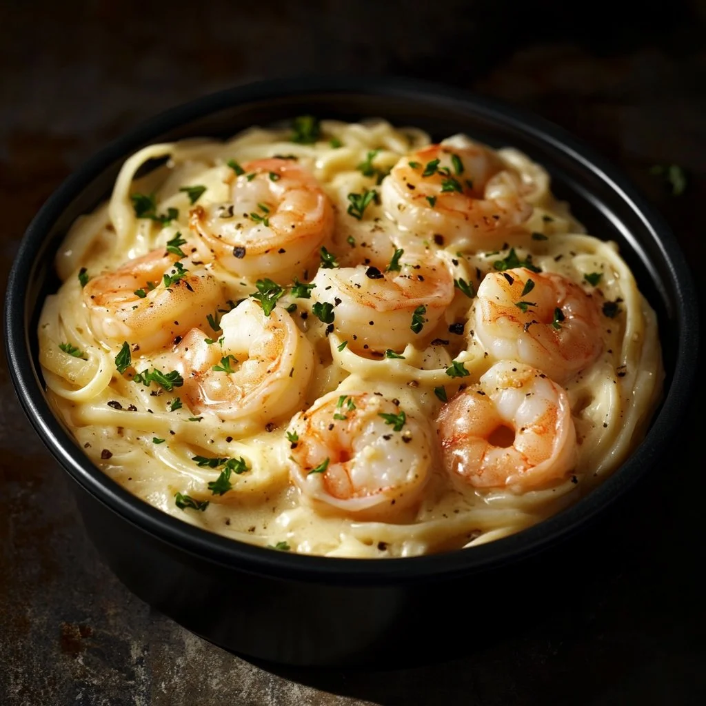 One Pot Shrimp and Crab Alfredo in a creamy sauce served in a bowl