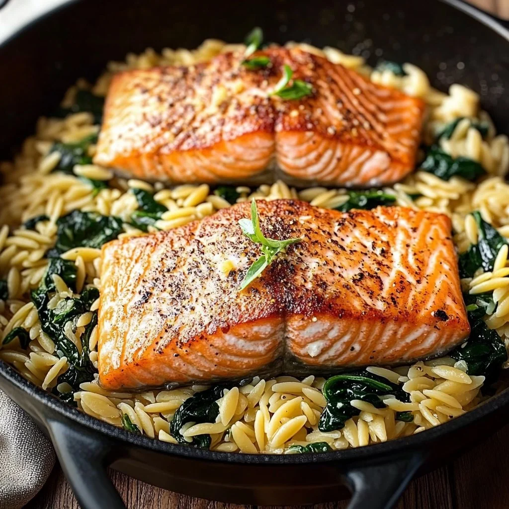 One Skillet Salmon with Lemon Orzo dish garnished with fresh herbs