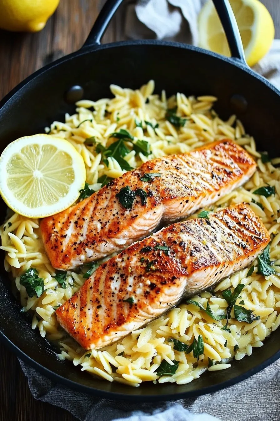 One Skillet Salmon with Lemon Orzo