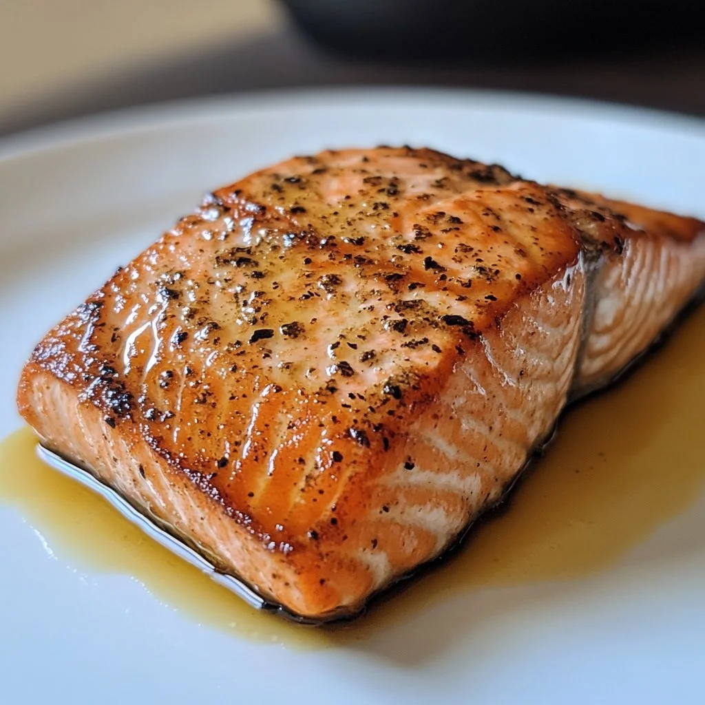 Delicious pan seared salmon served on a plate with garnishes