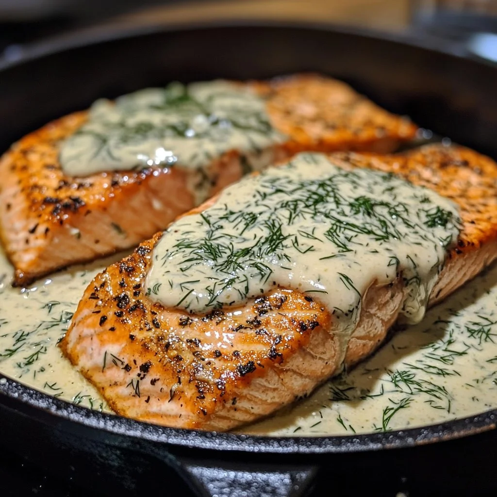Delicious pan-seared salmon garnished with creamy dill sauce on a plate