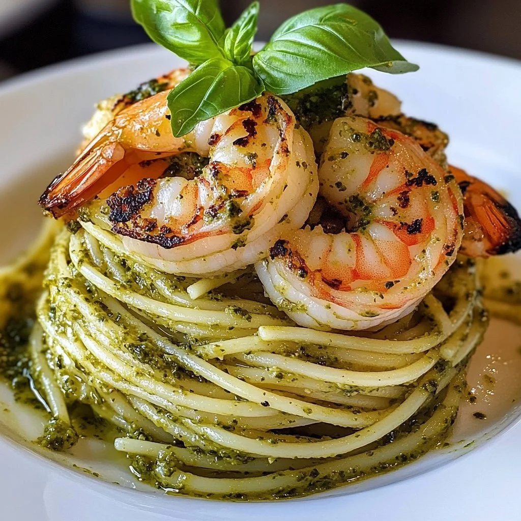 Pesto pasta and grilled shrimp stack served on a plate