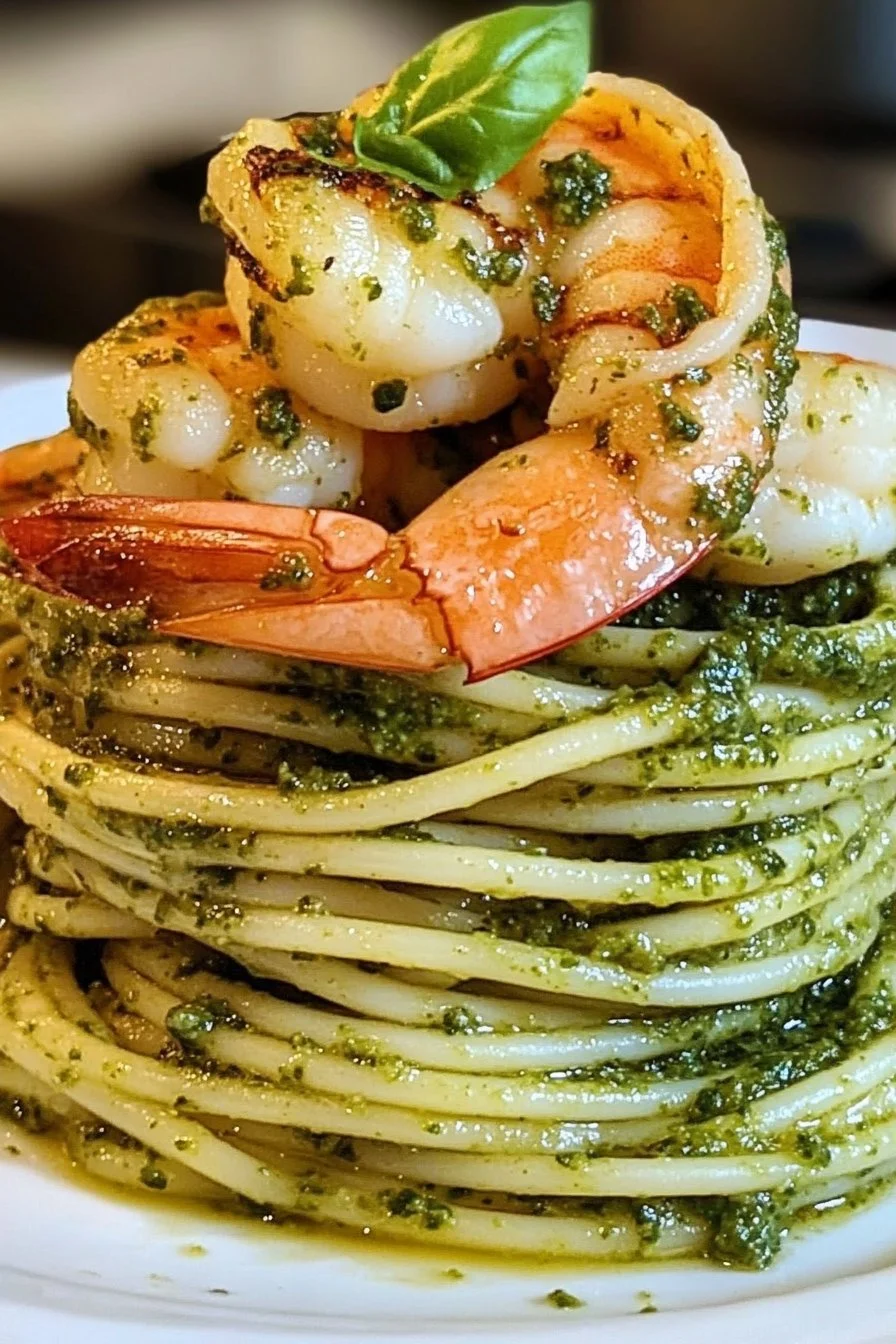 Pesto Pasta and Grilled Shrimp Stack