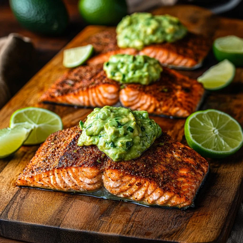 Quick baked Cajun salmon served with avocado lime sauce on a plate.