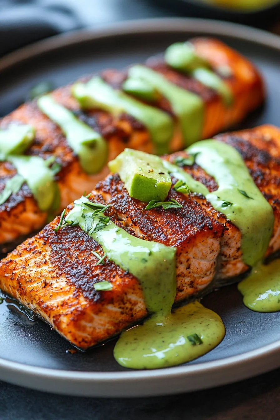 Quick Baked Cajun Salmon with Avocado Lime Sauce