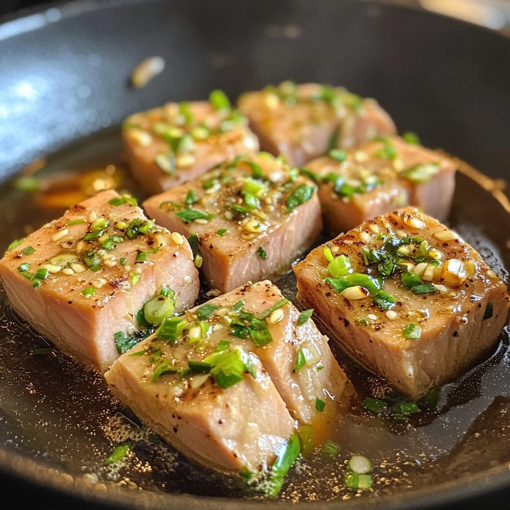 Delicious garlic butter tuna dish plated with herbs and lemon slices.
