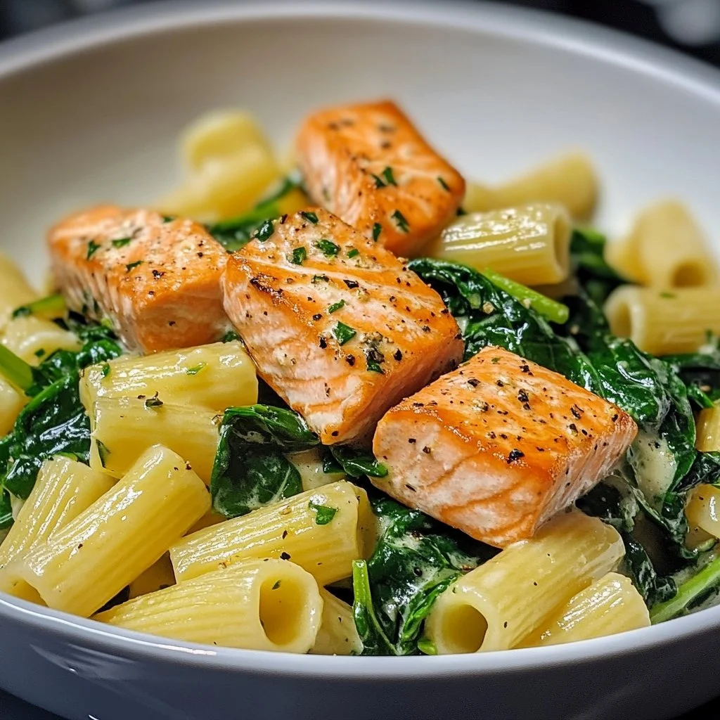 Bowl of quick salmon and spinach pasta dish garnished with herbs