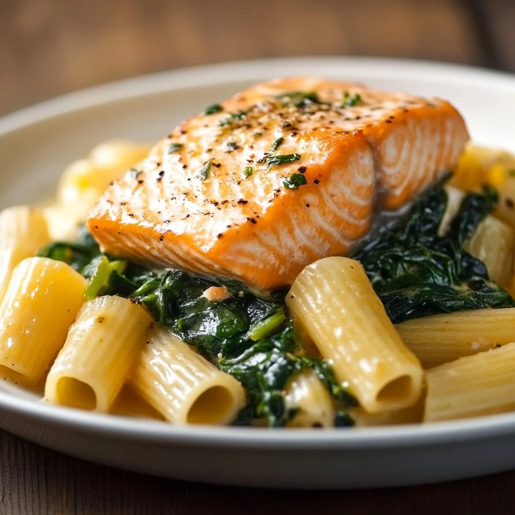 Quick salmon and spinach pasta dish served with a sprinkle of parmesan cheese.