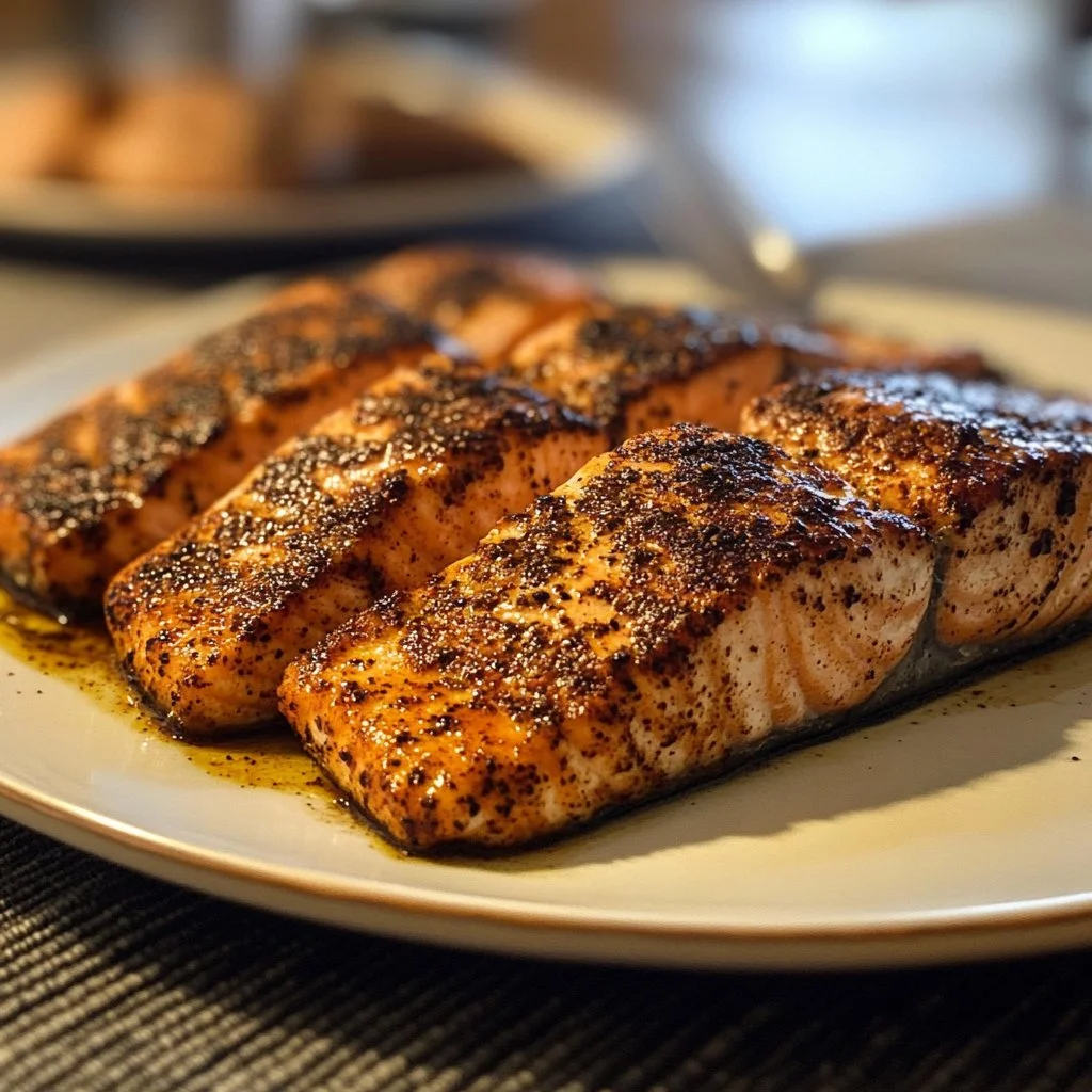 Delicious blackened salmon fillet with a spicy seasoning on a plate